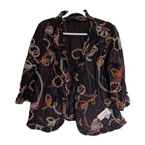 Dressbarn Collection Floral‎ Blazer Jacket Button Up Ruffle Ribbon Brown L